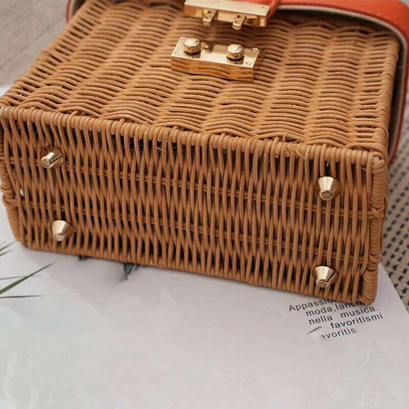 Trend Women's Straw Square Handmade Woven Tote PU Leather Top Handle Rattan Purses Boxes Lady Summer Beach Basket Bags