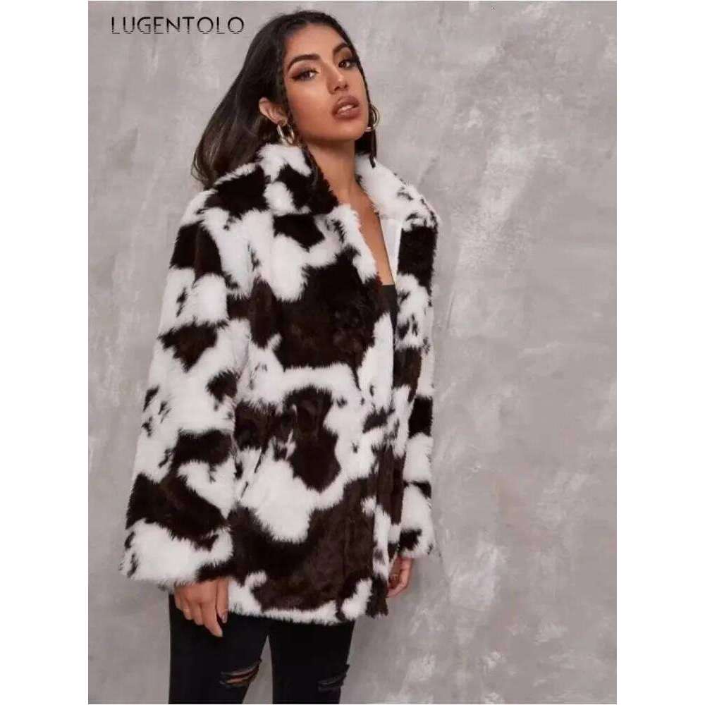 Women Faux Fur Jacket Autumn Winter Haruku-style Cow Print Black White Coet Female Loose New Fashion Warm Cloth