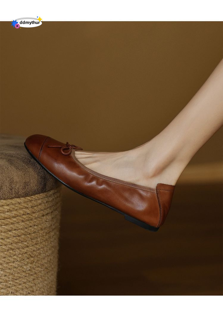 Cowhide Version ~ Shallow Mouth Single for Women, Flat Versatile Bowknot Evening Shoes, Ultra Soft Egg Roll Ballet Shoes ddmythur