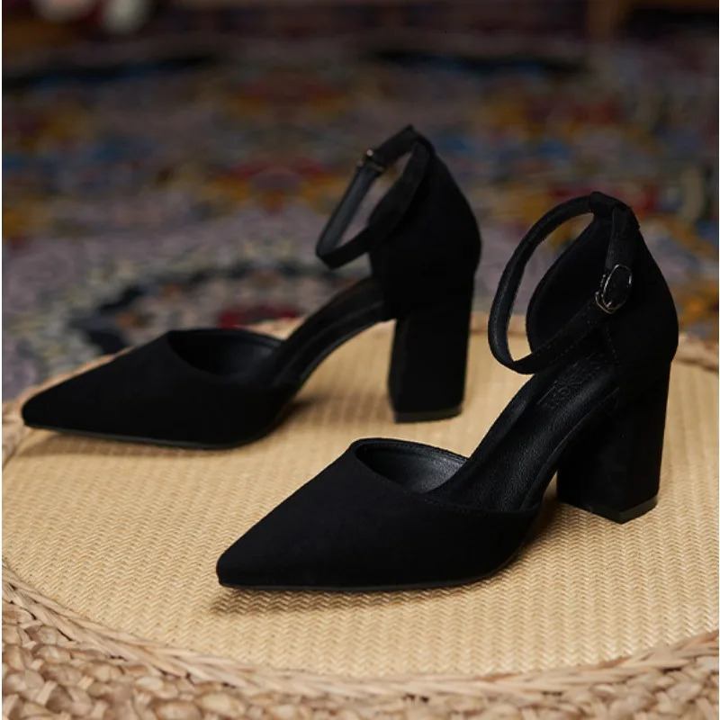 31-44 Women Pumps Fashion Black High Heels Shoes Flock Pointed Sandals Summer Party Thick Heel Shoes Ladies Wedding Shoes 250614