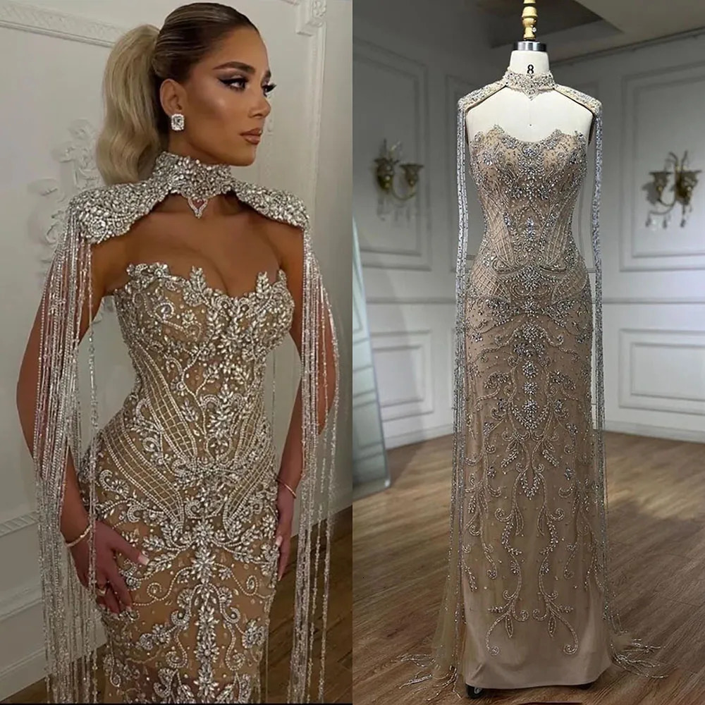 Customized Silver Nude Mermaid Strapless Tassel Beaded y Evening Dresses Gowns For Women Wedding Party LA72237 250612