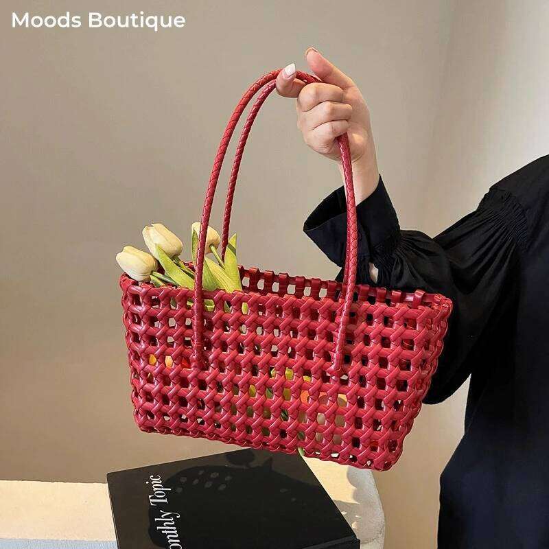 Underarm Basket Shoulder Bags For Women Summer Latest Beach Tote Bag Woven Design Plastic Hollow-Out Handbags