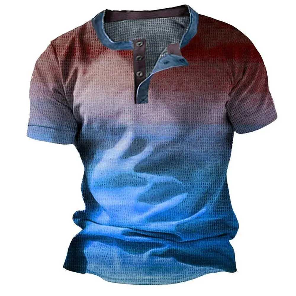 Fashion Henley Shirts 3D Color Splicing Print T-Shirts Casual Comfortable Loose Short Sleeve Tops Summer Street Vintage Clothes W250616