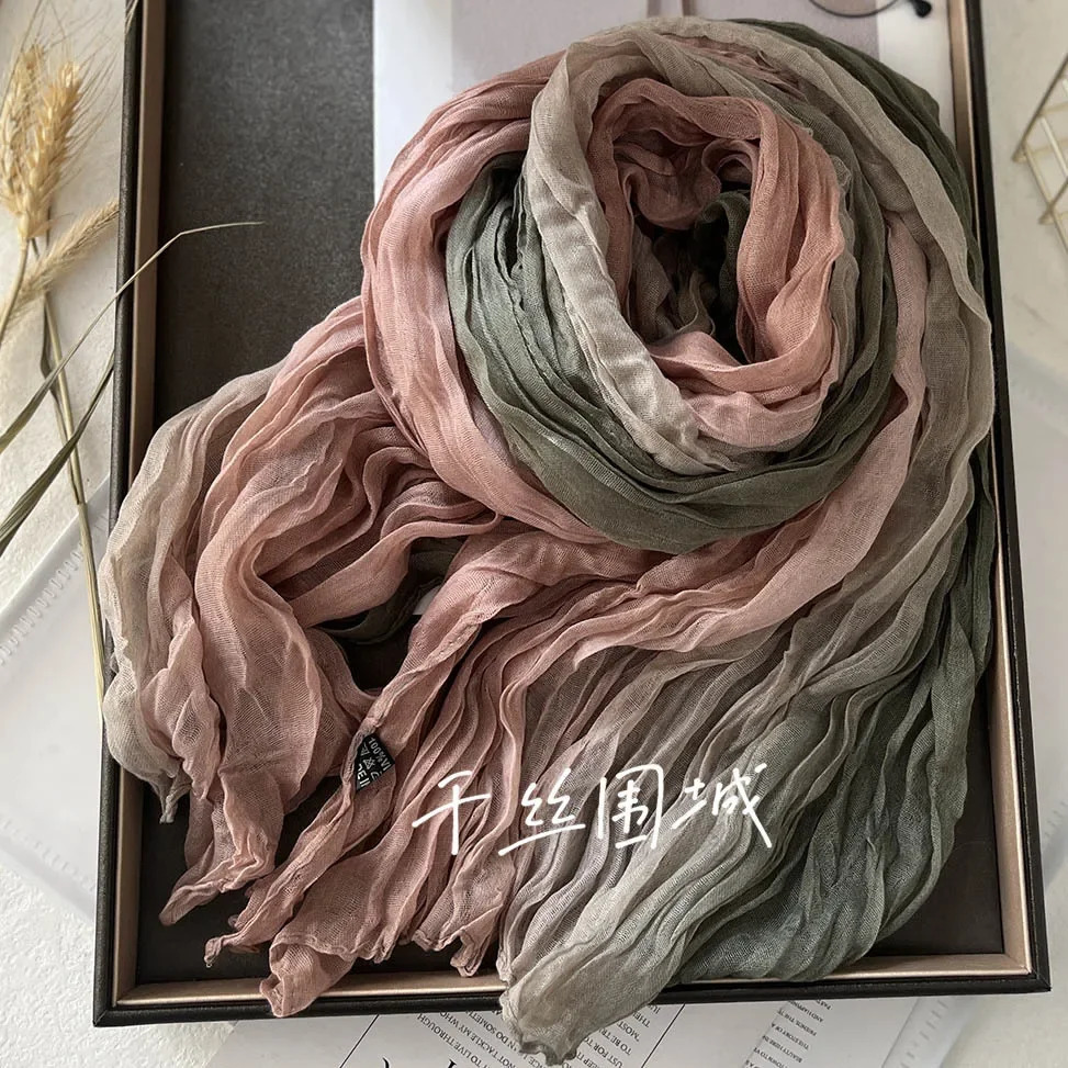 Scarf Cotton Hemp Gradient Blue Autumn/Winter Retro Versatile Printed Womens Long Fold Shawl Elegant and Fashionable 250610