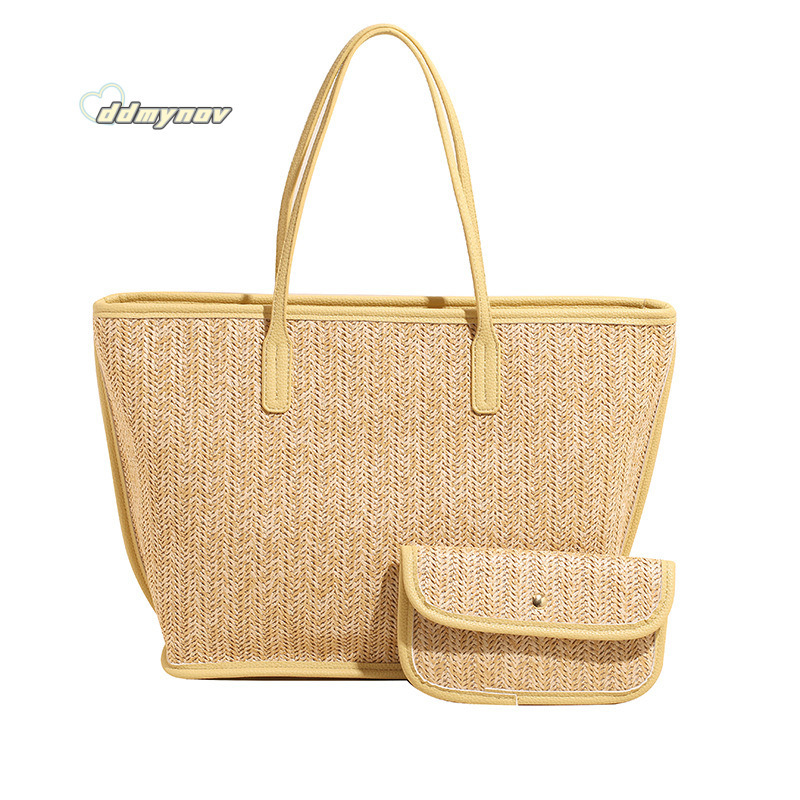 Fashion Color-Block Straw Large Capacity Tote for Women 2025 Spring Simple Versatile Beach Vacation Shoulder Bag Trend ddmynov ddmynov
