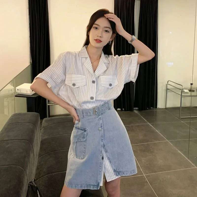 Short Sleeve Mature Skirt Womens Two Piece Set Slit Denim Y2k Clothes Formal Event New in The Same Stylish Full Female Outfits