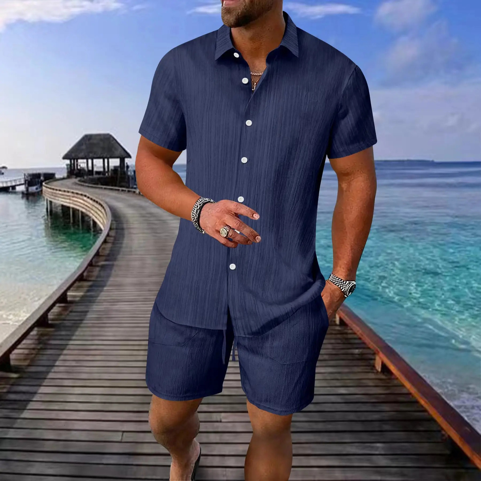 Summer Mens Striped Polo Casual Loose Breathable Sweat Absorption Short Sleeve Shorts Sports Suit 250612