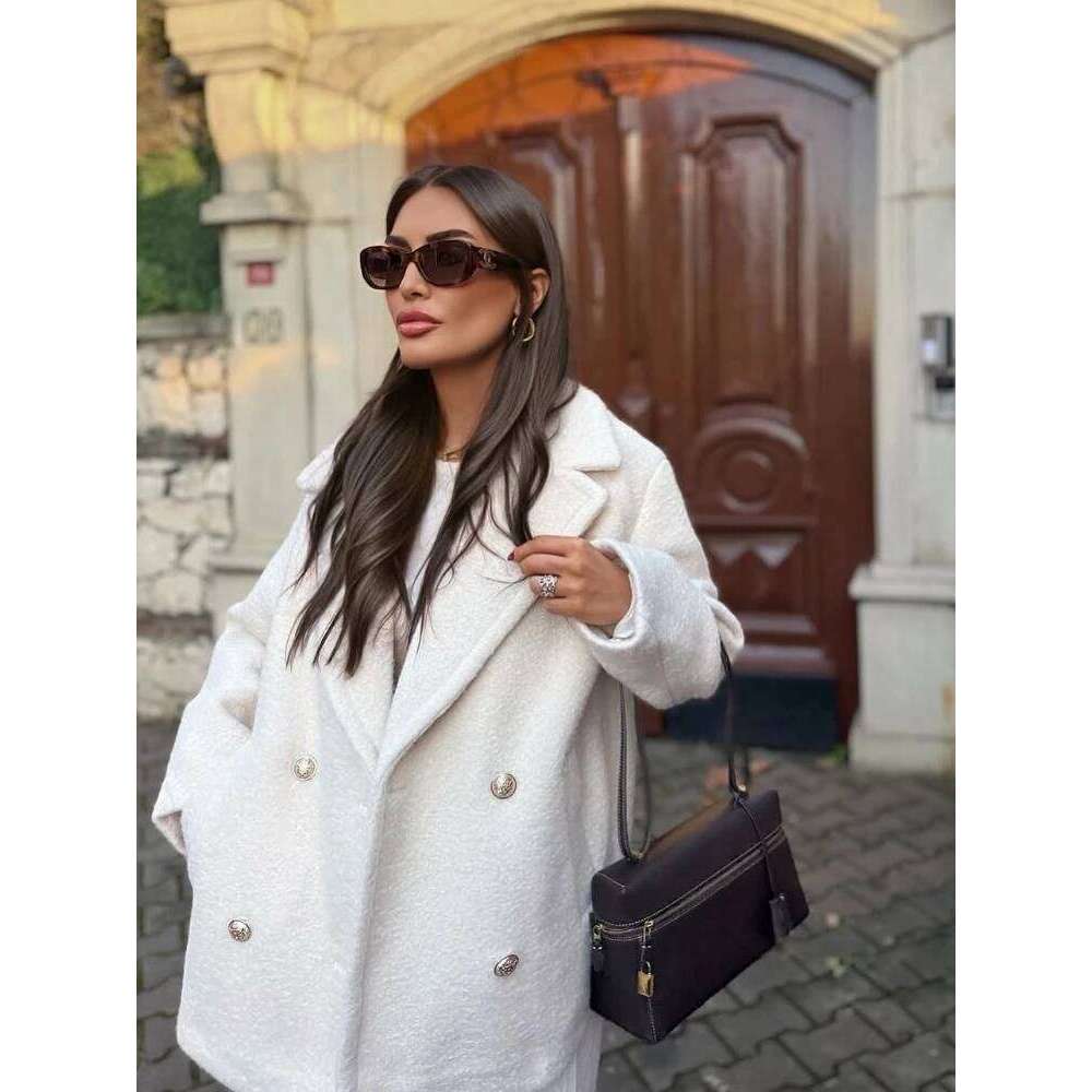 ZBZA Woman's Semilong Lapel Collar Long Sleeves Double Breasted Boucle Half-Length Coat Spring Female Chic Outerwear