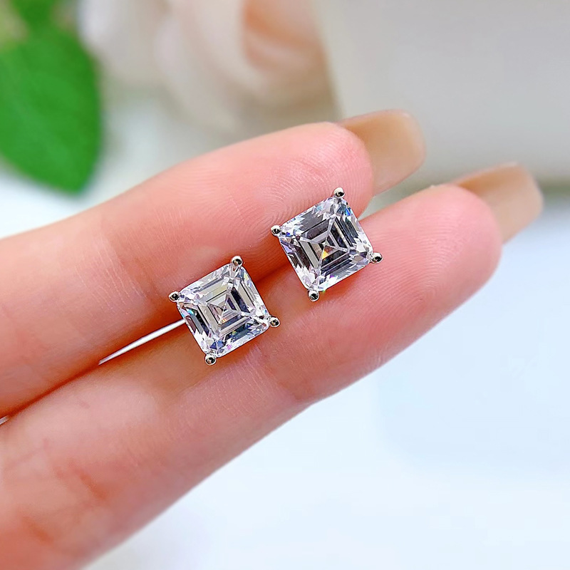 Choucong Handmade Stud Earrings Luxury Jewelry Geunine 100% 925 Sterling Silver Asscher Cut White Lab Moissanite Diamond Solitaire Party Women 4 Claw 