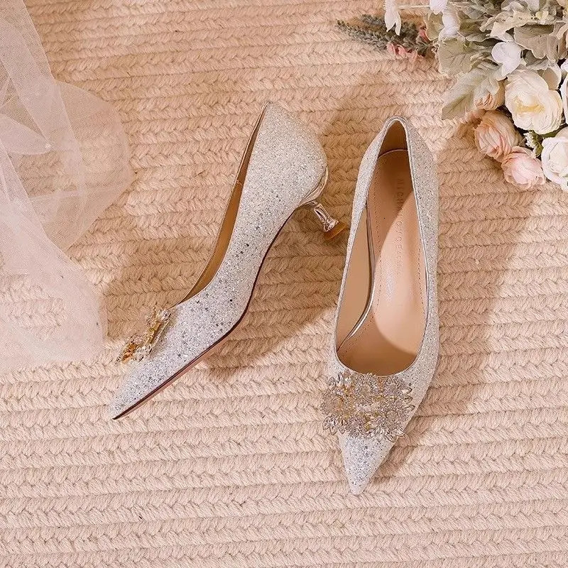 Ladies Pumps Pointed Toe Silver Rhinestone Low Heel Elegant Womens Shoes Bride Footwear 39 Vacation 2025 Trend on Offer Slip 250614