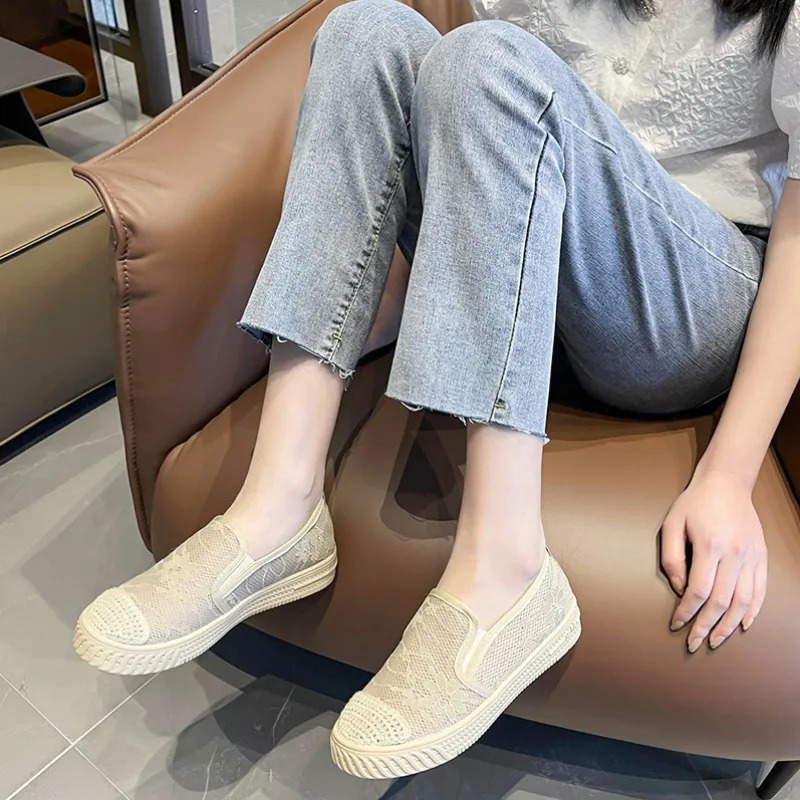 Womens Sneakers Shoes On Platform Roses Slip-on Mesh Thick Sole Fashion Casual 2024 Basic Fisherman Sewing Round Toe Rubber 250613