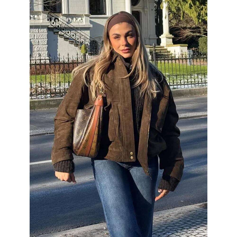 Suede Leather Jacket Coat Vintage Brown Maillard Pocket Lapel Casual Loose Bomber Jackets Motorcycle Style Silhouette Outwear