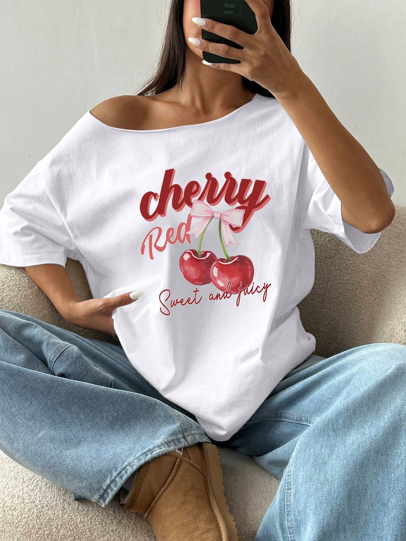Asymmetrical Neck Oversized Women's T-shirt Loose Pomegranate White Pure Cotton Casual T-shirt