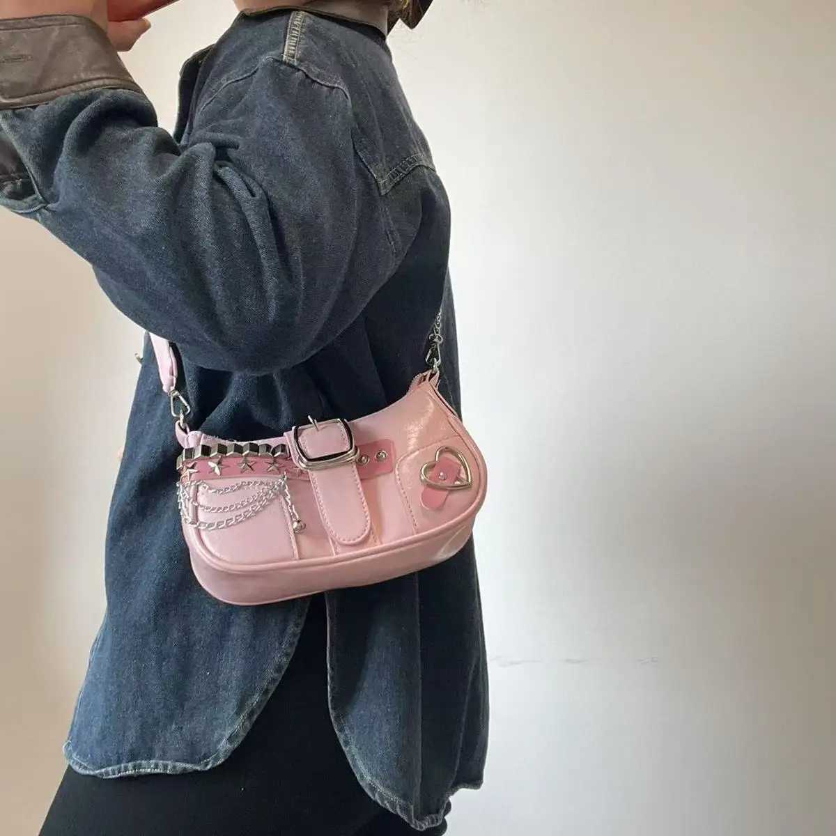 Fashion Hot Girls Square Shoulder Bags Retro Rivet Star Womens Underarm Bag Sweet Pu Leather Female Chain Handbags Pink PurseXJ2520616