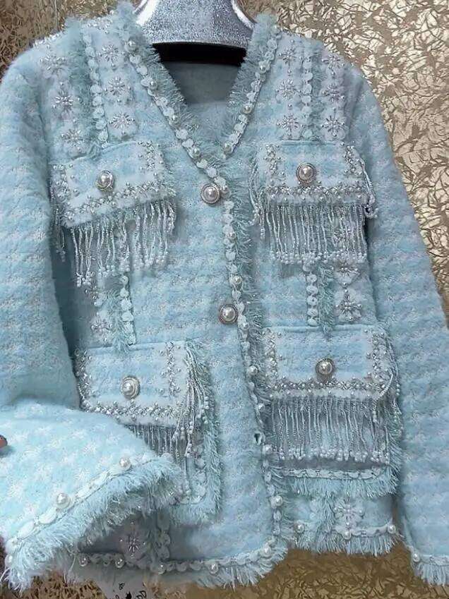 3D Flowers Embroidery Tassels Pearls Beaded Tweed Jacket Thick Lace Floral Dias Weave Cardigan Coat Fringed Edge Tops