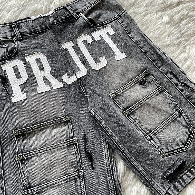 High-quality Project Emergency jeans with Alphabet Embroidery Denim Casual Shorts for Men and Women 250528