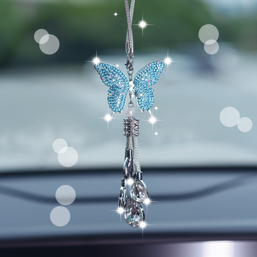 Fashion shiny diamond butterfly gemstone car pendant sequin butterfly rear view mirror decoration charm girls new car birthday graduation souvenir gif
