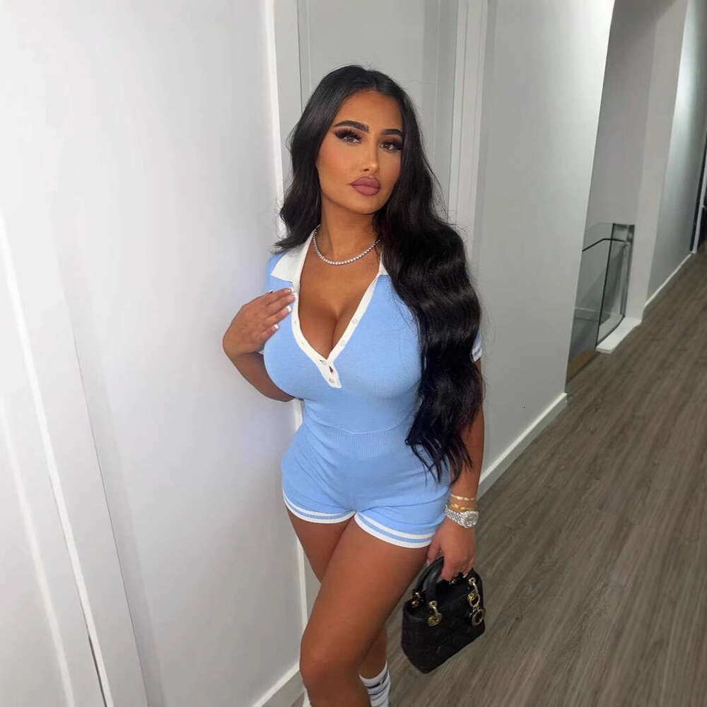 Summer New American Casual Solid Color Sexy Jumpsuit With Button V-Neck Short Sleeves B5