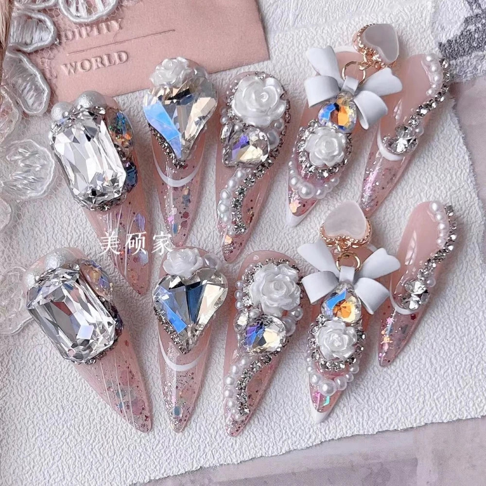 10Pcs High Quality Handmade Press on Nails Rhinestone Full Setting Pearl Beading Stick-on Nail Art Sweet And Cool Girl Style 250612