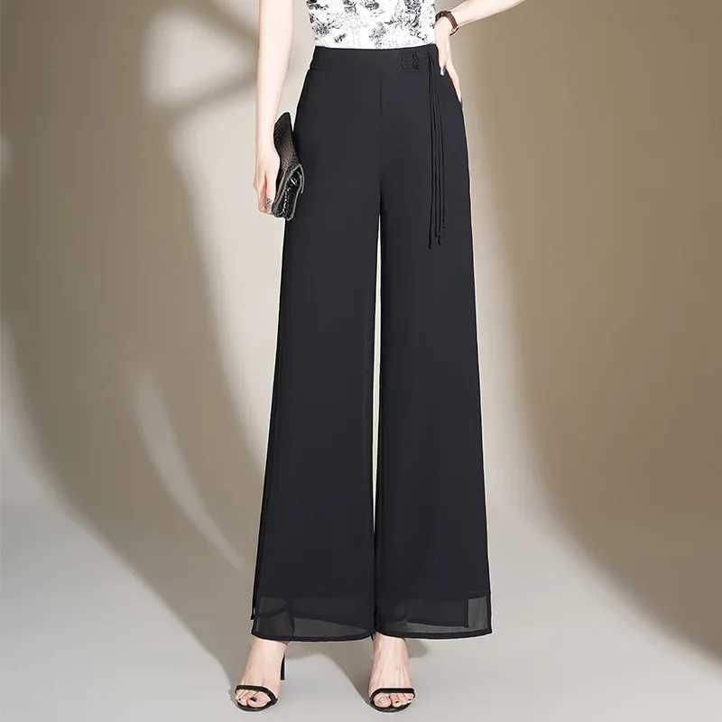 High Waist Wide Leg Straight Cut Summer New Thin Chiffon Split Casual Pants for Women Comfortable Loose Fit TrousersXJ250616