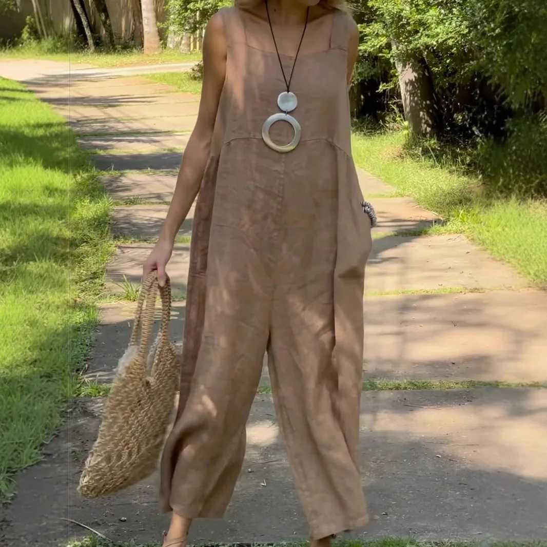 Summer Cotton Linen Oversize Jumpsuits Women Overalls Square Collar Sveless Loose Overalls Fe Casual Trendy Lady ClothesXJ250616