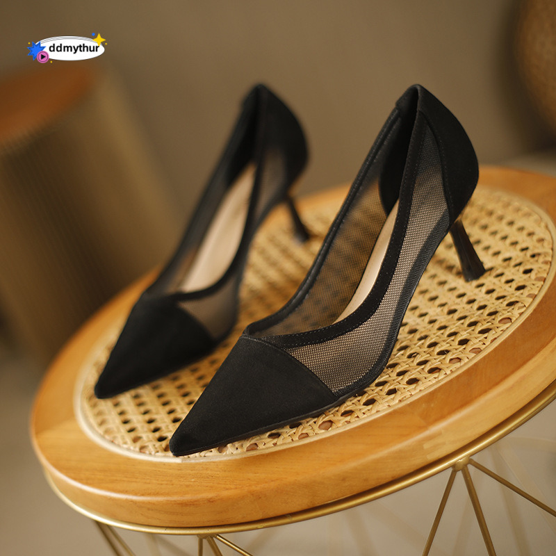 100-2 Breathable Mesh Lace Slip-On Pointed Toe Fashion Women's Simple Closed-Toe Mid-Heel Shoes ddmythur