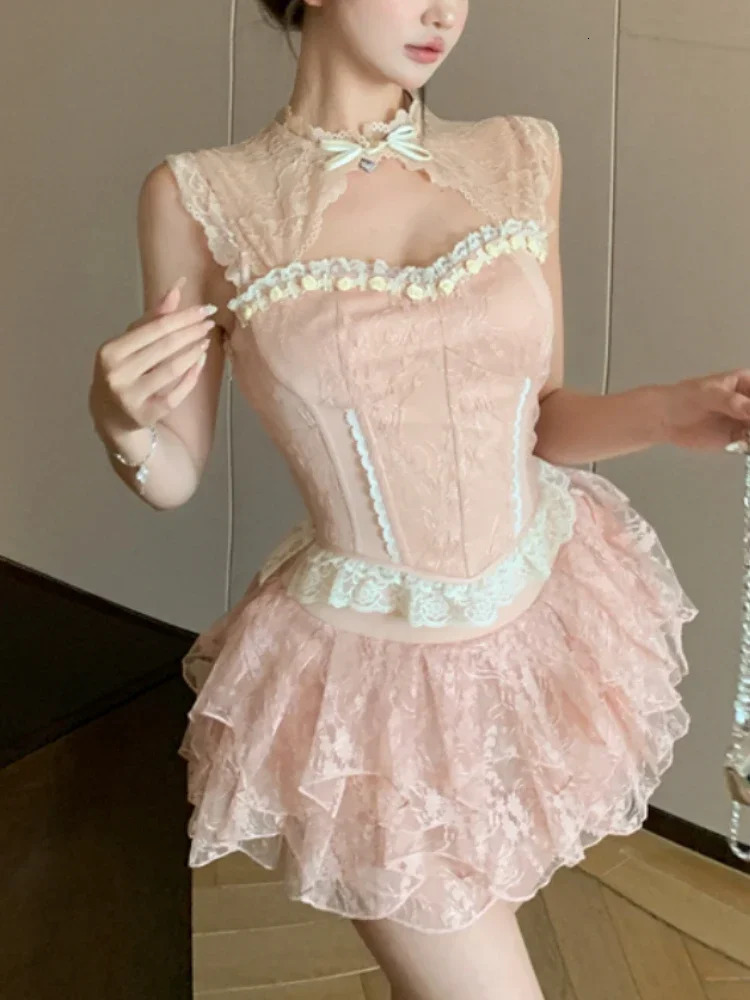 Japanese Kawaii Sweet Elegant 2 Piece Set Women Lace Up Vintage Kawaii Set Female Y2k Princess Mini Skirt Suit Summer 2024 250609