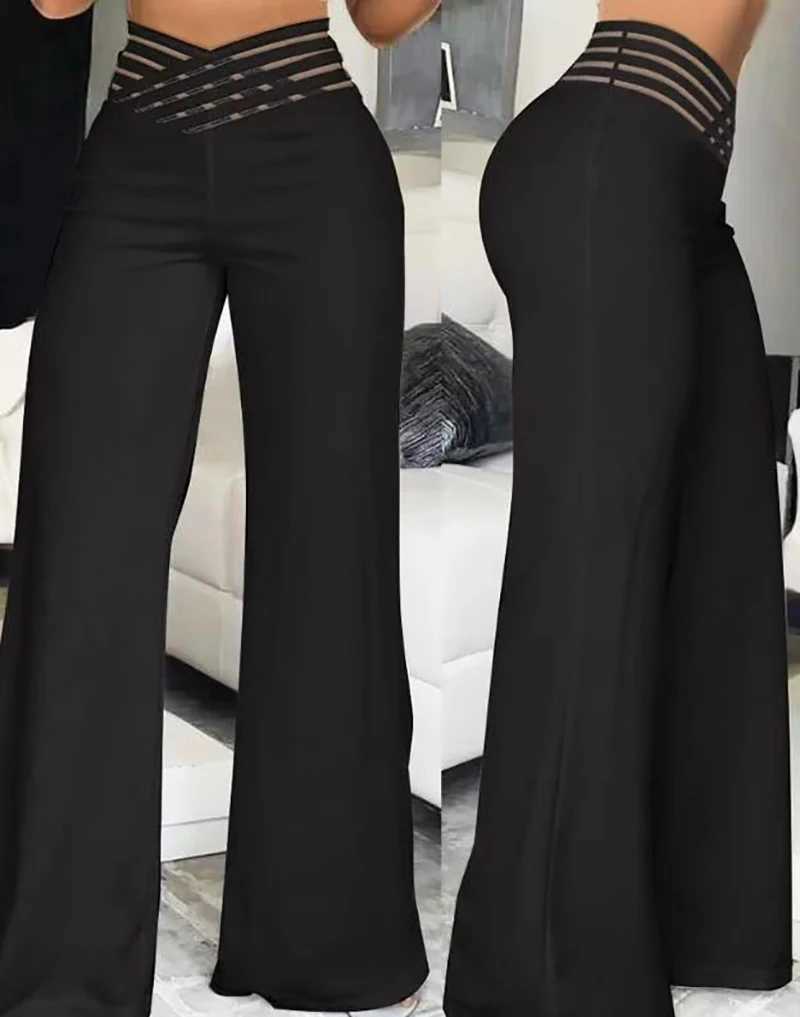 Women Flared Pants Ele Office Lady Casual High Waist Trousers Spring Summer Solid Crisscross Sheer Mesh Patch Wide Leg PantXJ250616