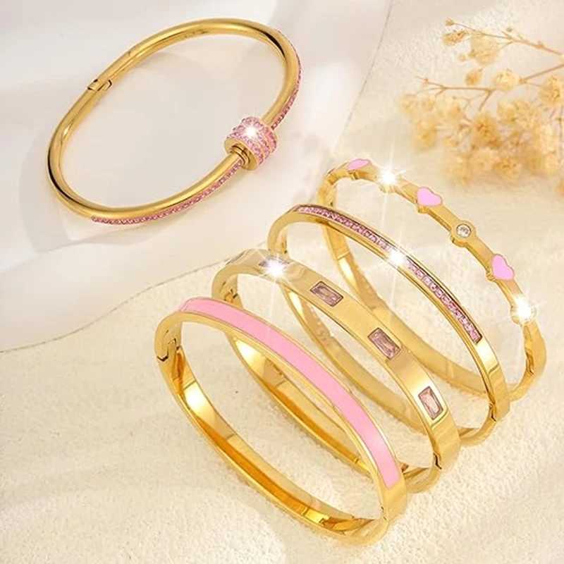 Stackable Gold Color Bangle Set for Women - 18K Gold Plated Stainless Steel Pink Crystal Heart Jewelry Z250616
