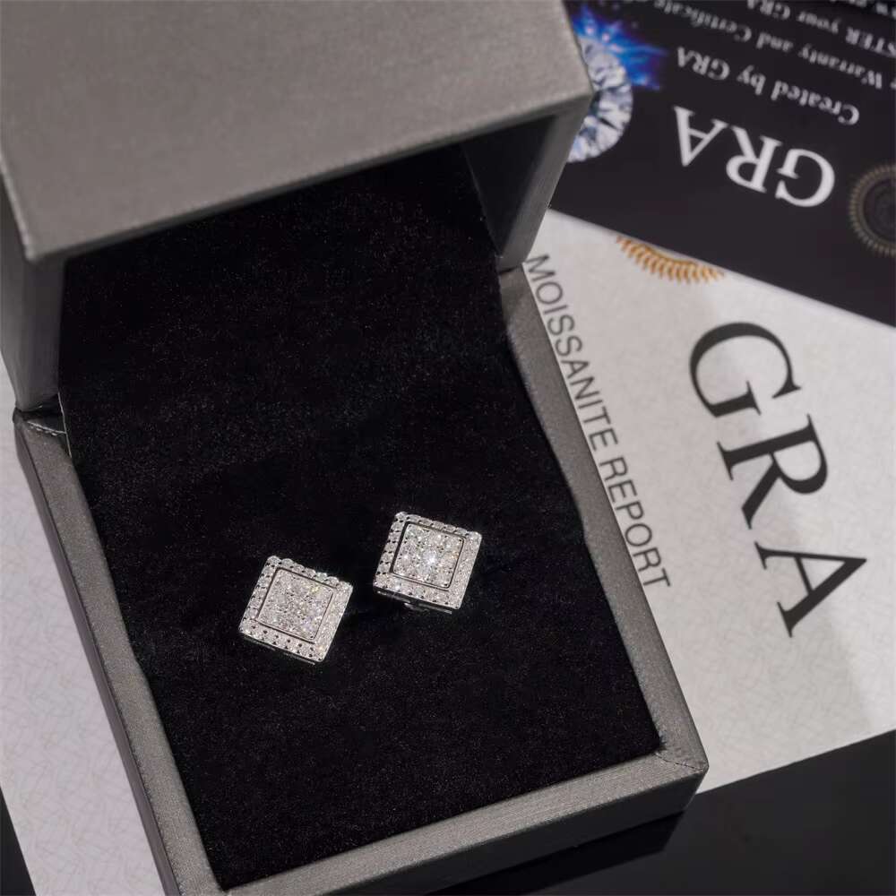 DE Hip Hop Iced Out Moissanite Earring 925 Sterling Silver Chic Square Moissanite Earrings Hip Hop Moissanite Earring Women Men