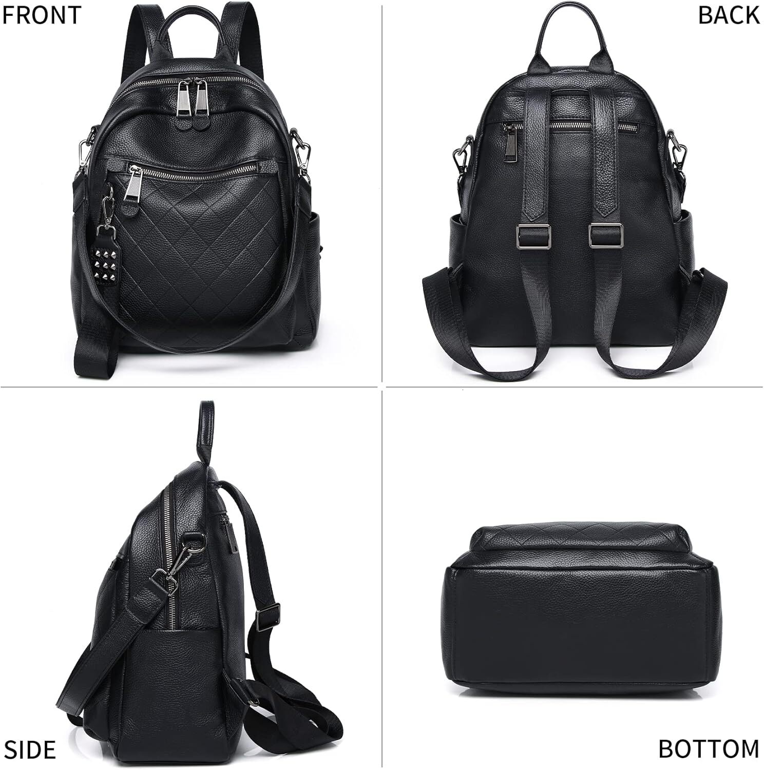 Wesccimo Genuine Backpack Purse For Women Black Quilted Real Soft Leather Fashion Designer Convertible Ladies Shoulder Bag