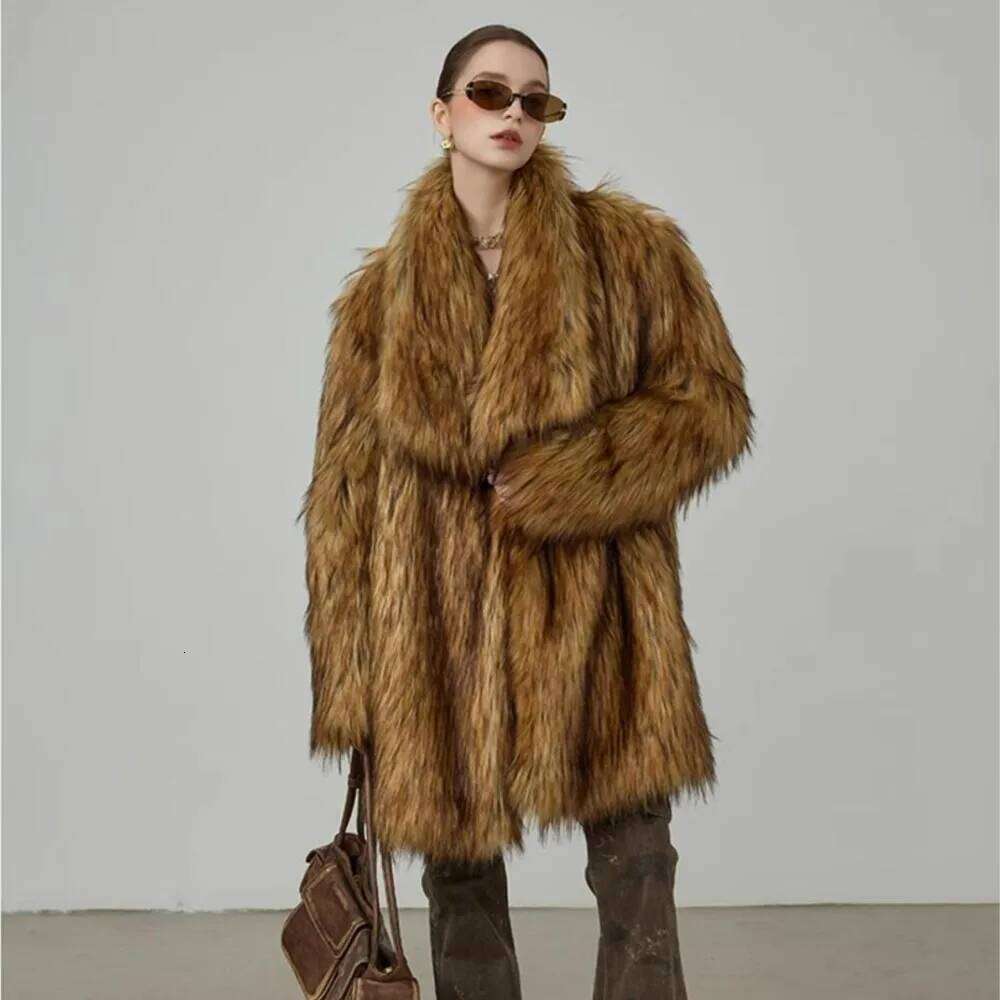 Winter Gradient Gold Brown Hairy Shaggy Raccoon Faux Fur Coat Women Lapel Furry Midi Long Loose Oversized Outerwear