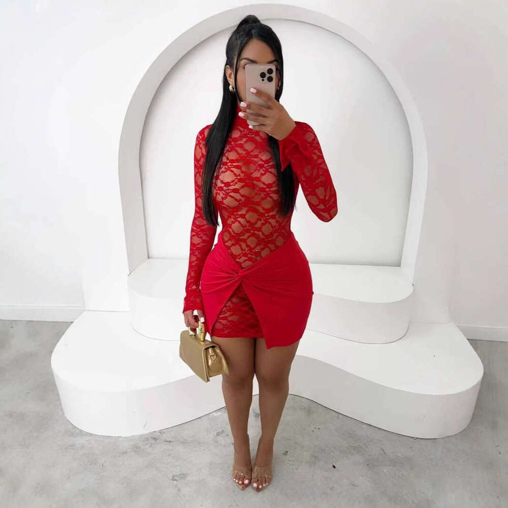 New Fashion Solid Color Sexy Lace Mesh Patchwork Design Sheer Bodycon Short Dress For Women B5