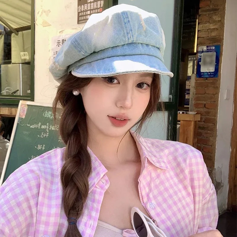 Retro Tie-dye Hole Denim sboy Hats for Men and Women Spring Summer Casual Versatile Literary Octagonal Berets Cap 250604