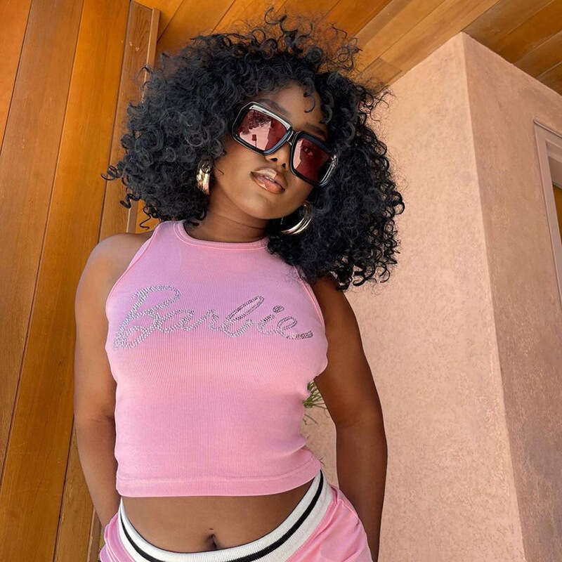 M23tp 358 Summer Round Neck Pullover Letter Rhinestone Crop Sexy Hot Girl Vest Top B5