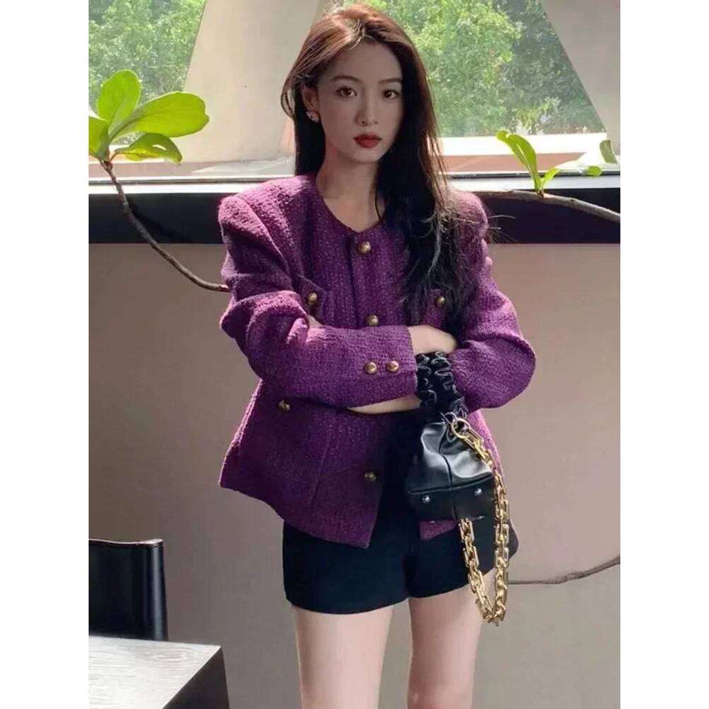 New Vintage Tweed Purple Jacket Women Long Sleeve Single Breasted Elegant Woolen Coat Korean Fashion Outwear Fall Winter