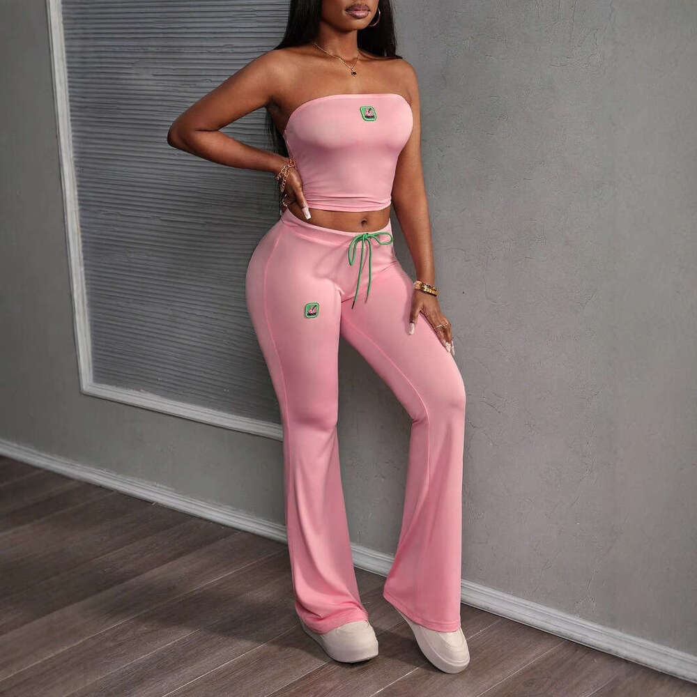 New Fashion Solid Color Embroidered Sleeveless Tube Top Sports Slim Fit Bodycon Long Pants Set For Women B5