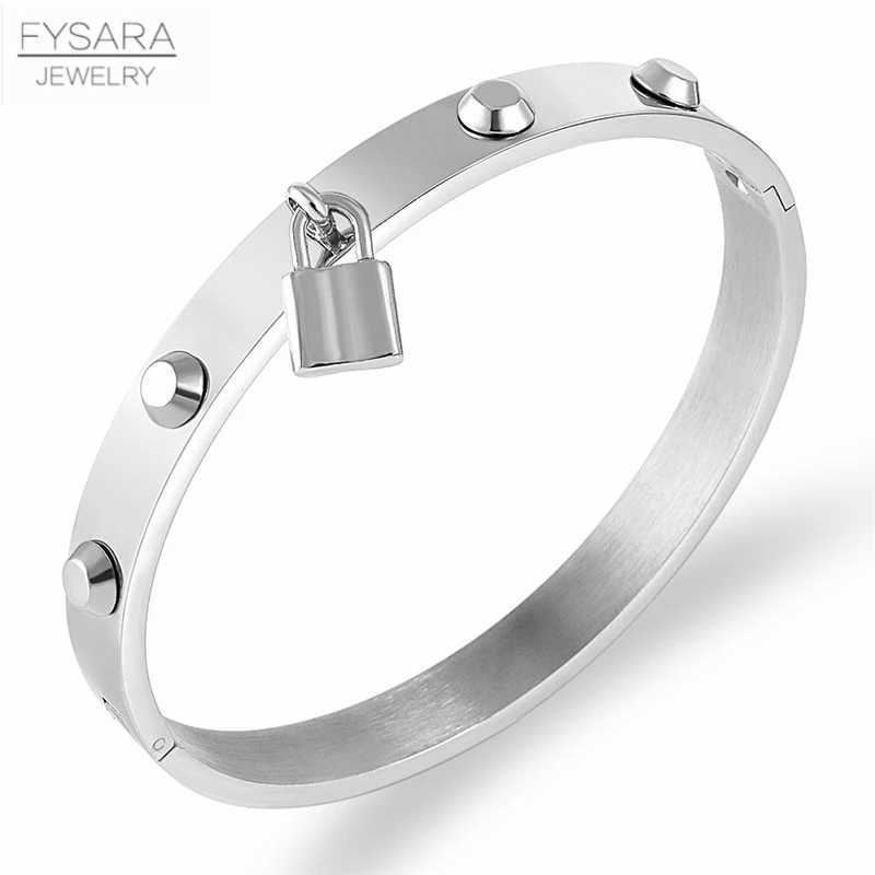 FYSARA Punk Style Lock Charm Rivet Spike Bangle Stainless Steel for Women Men Classic Brand Pulseiras Jewelry Gifts Z250616