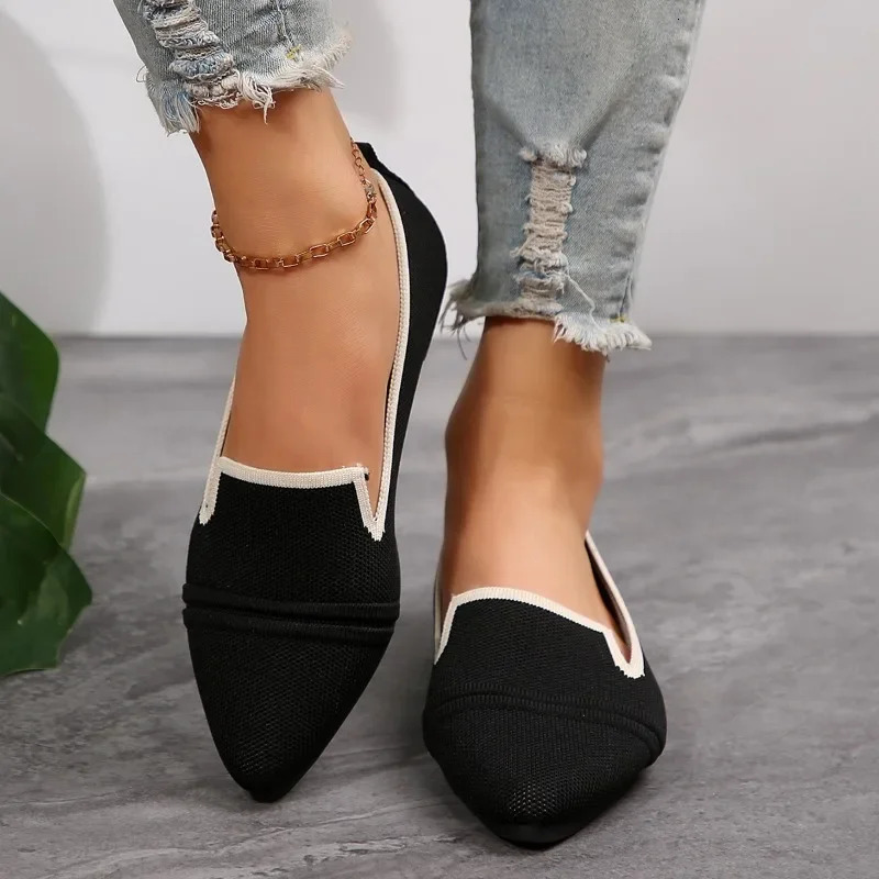 Flat shoes womens summer fashion knitted breathable single shoes casual comfortable pointed flat womens shoes large size 250613