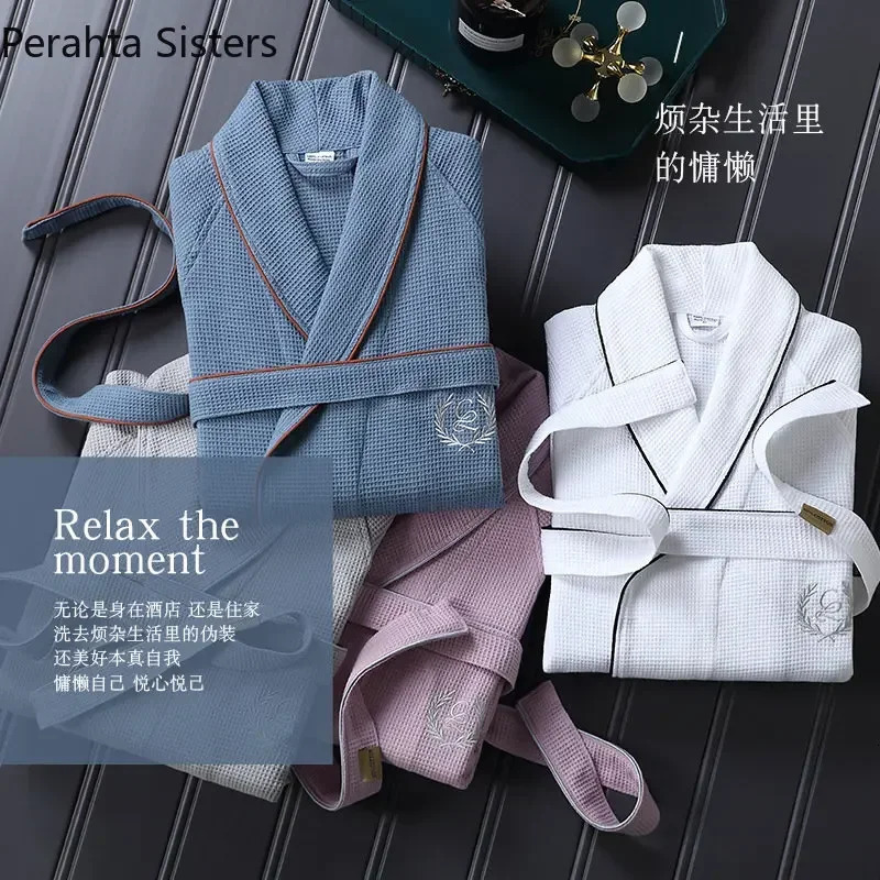 High Quality el Home Waffle Bathrobe For Men Pure Cotton Embroidered Lapel Absent Bath Robe Mens Solid Color Dressing Gown 250614