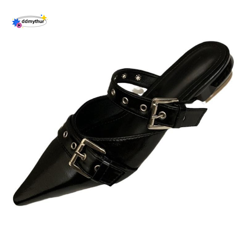 Chunky Heel Closed Mules for Women, New Spring/Summer 2025 Style, Pointed Toe with Belt Buckle, Black Single Shoes ddmythur
