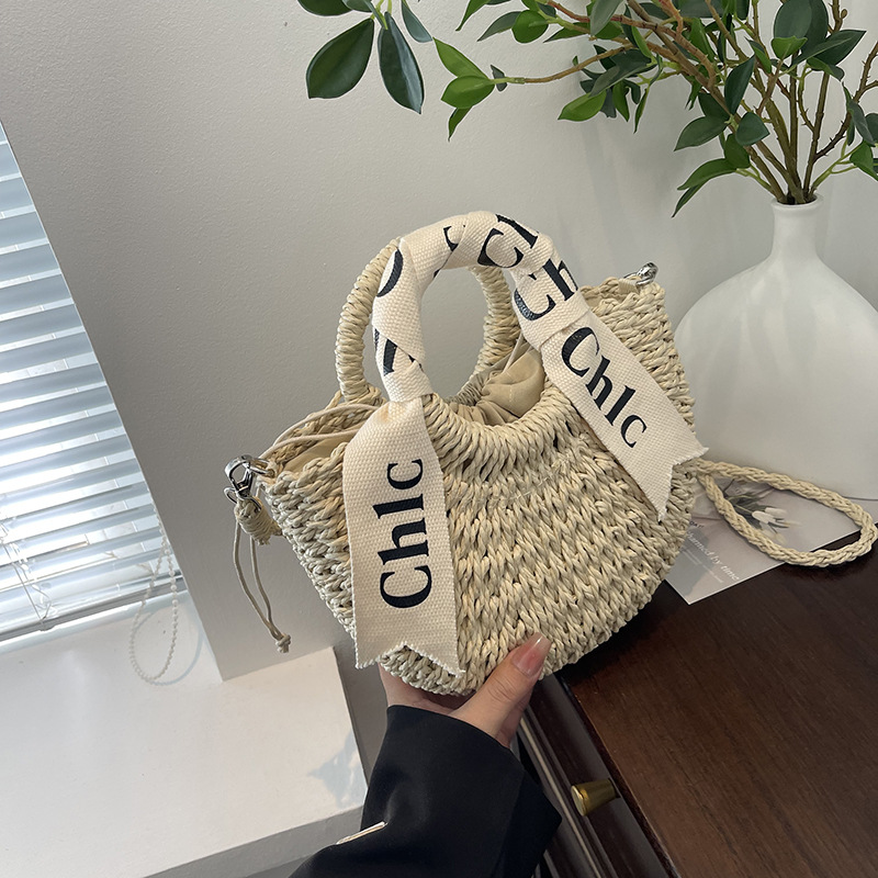Letter Silk Scarf Hand-Held Straw Woven Bag Papyrus Woven Bag Spring Outing And Vacation Handbag Moon Bag