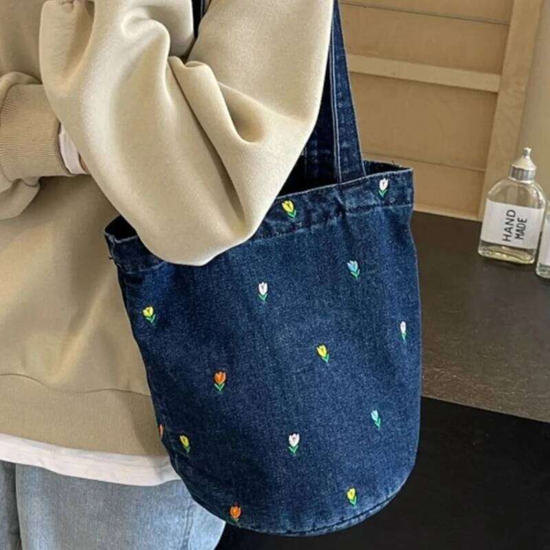 Women Versatile Single Strap Canvas Water Bucket Embroidered Denim Shoulder Bag Casual Sle Commuter Purses and Handbags