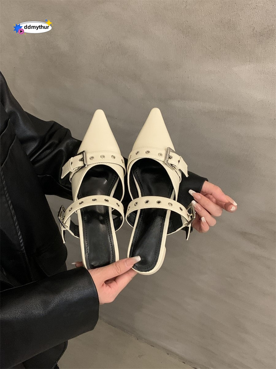 Chunky Heel Closed Mules for Women, New Spring/Summer 2025 Style, Pointed Toe with Belt Buckle, Black Single Shoes ddmythur