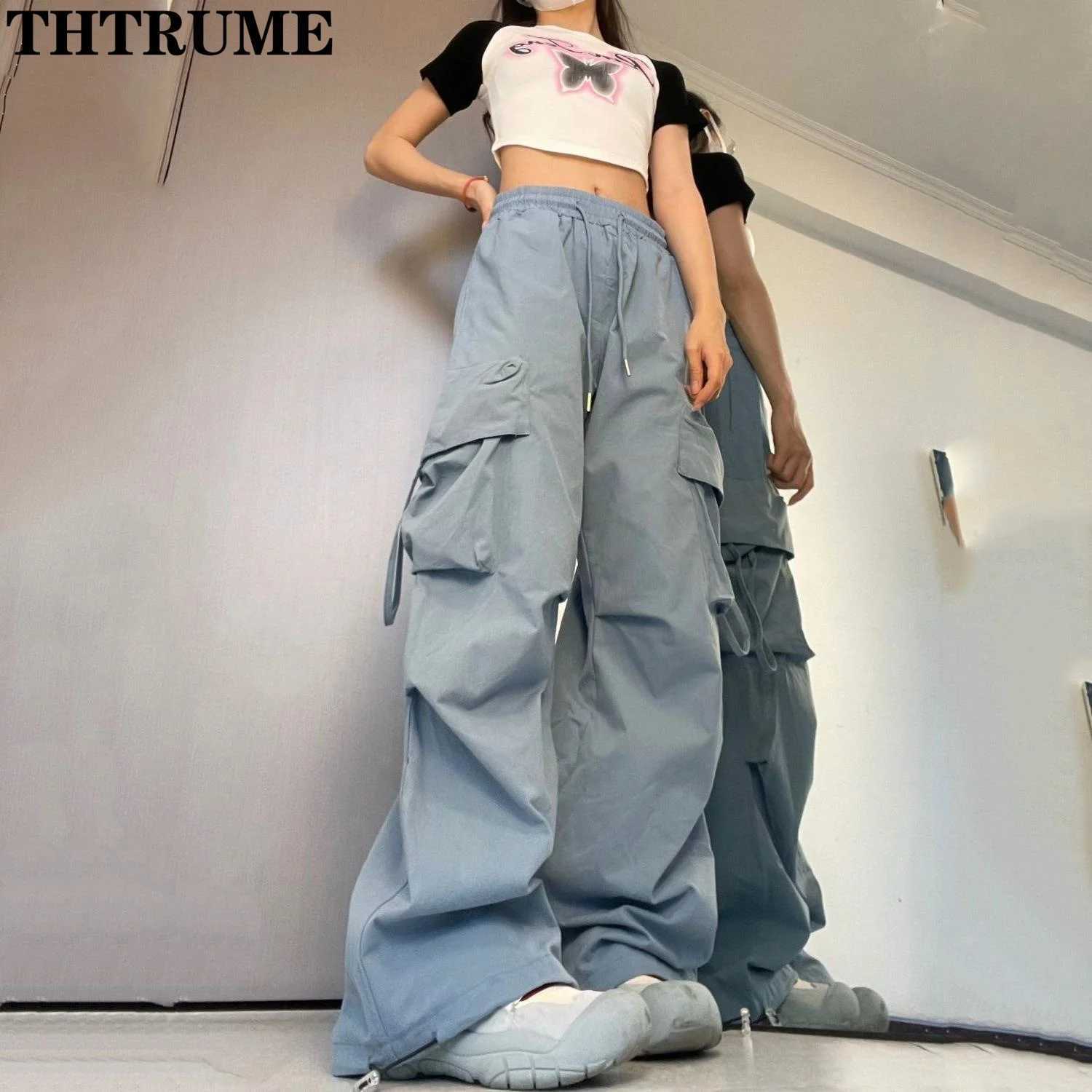 Retro Vintage High Street Baggy Pants Fashion Women Oversized Drstring Pocket New Pant Casual Streetwear Loose Jogger TrousersXJ250616