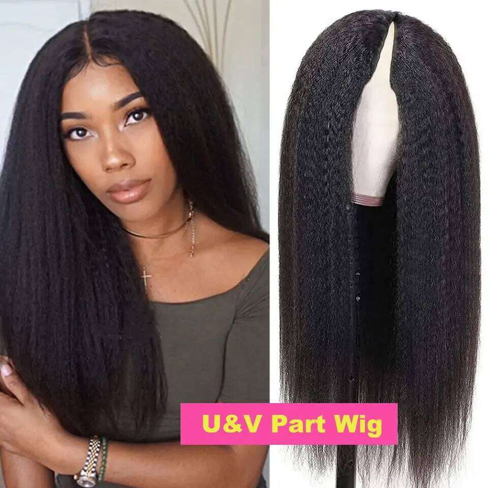 Kinky V Part Wig Yaki Straight Human Hair No Glue Minimal Leave Out EasiContour For Women Full hine Made