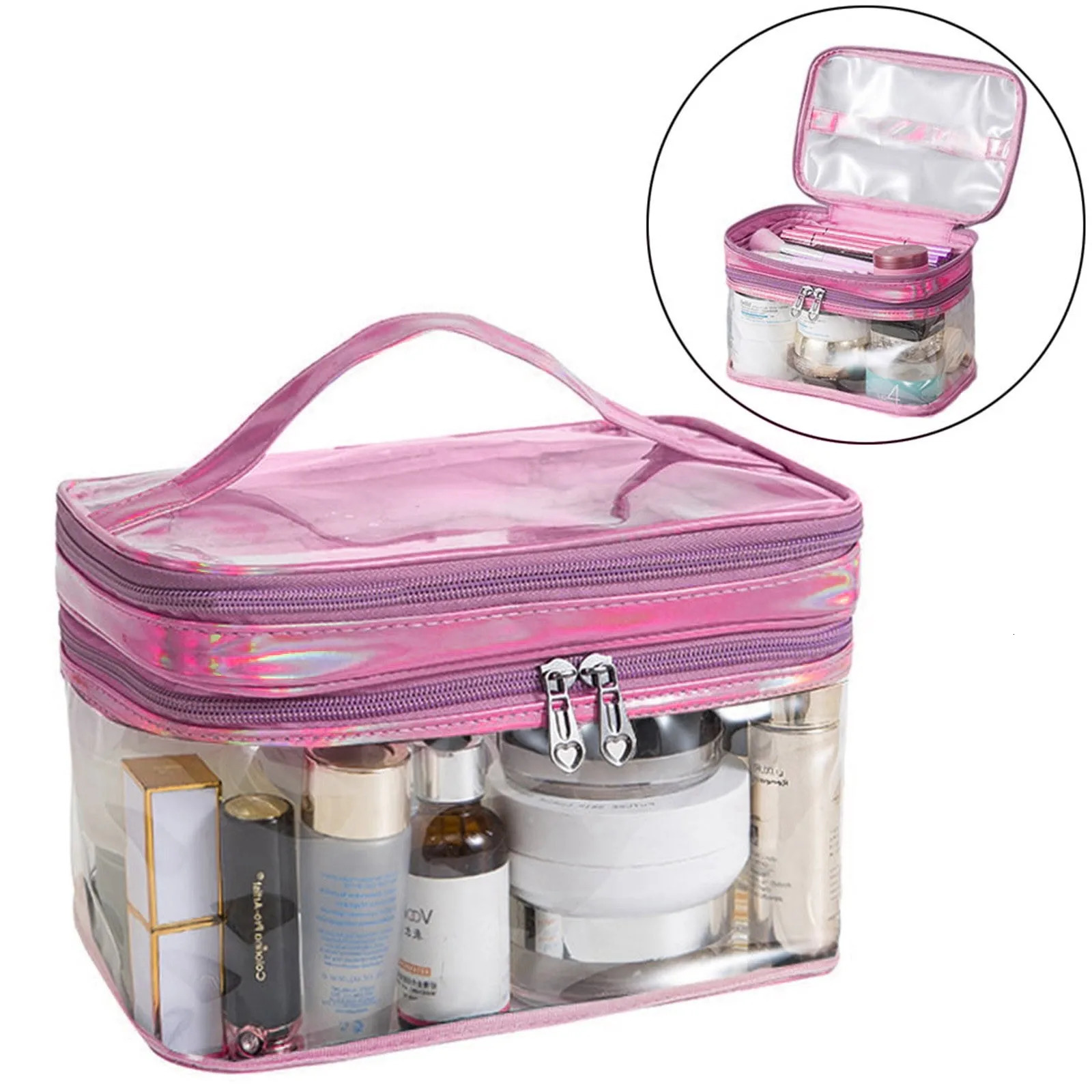 Transparent Plastic Cosmetic Bag Doublelayer With Zipper Travel Bag 250614