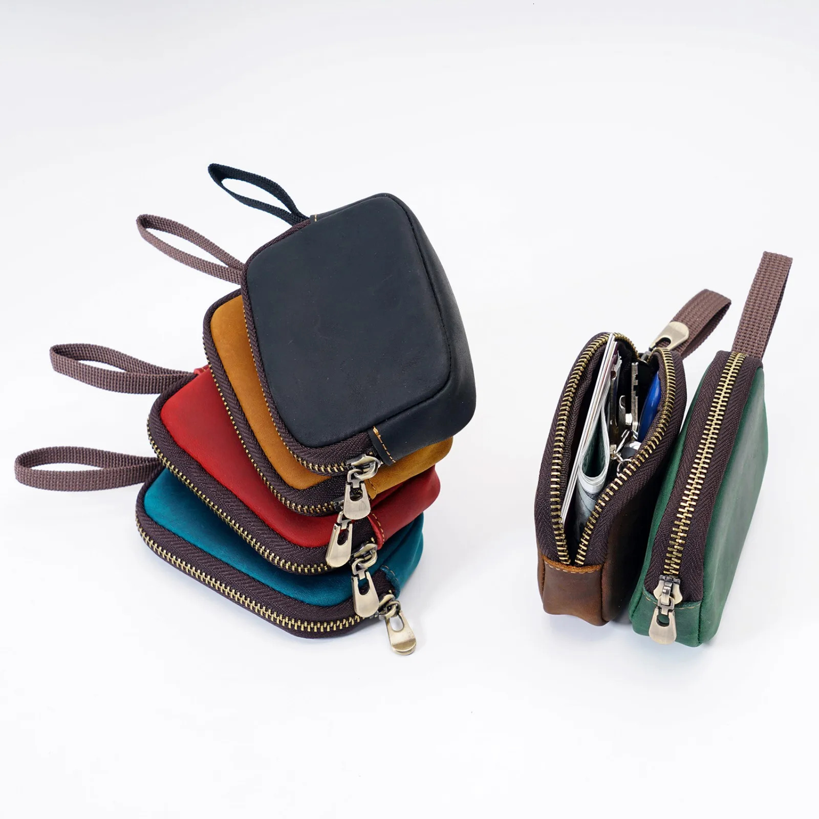 Genuine Leather Coins Purse with Keychain Mini Change Holder Cards Bag Zipper Closure Multifunctional Storage Bag for Men Women 250614