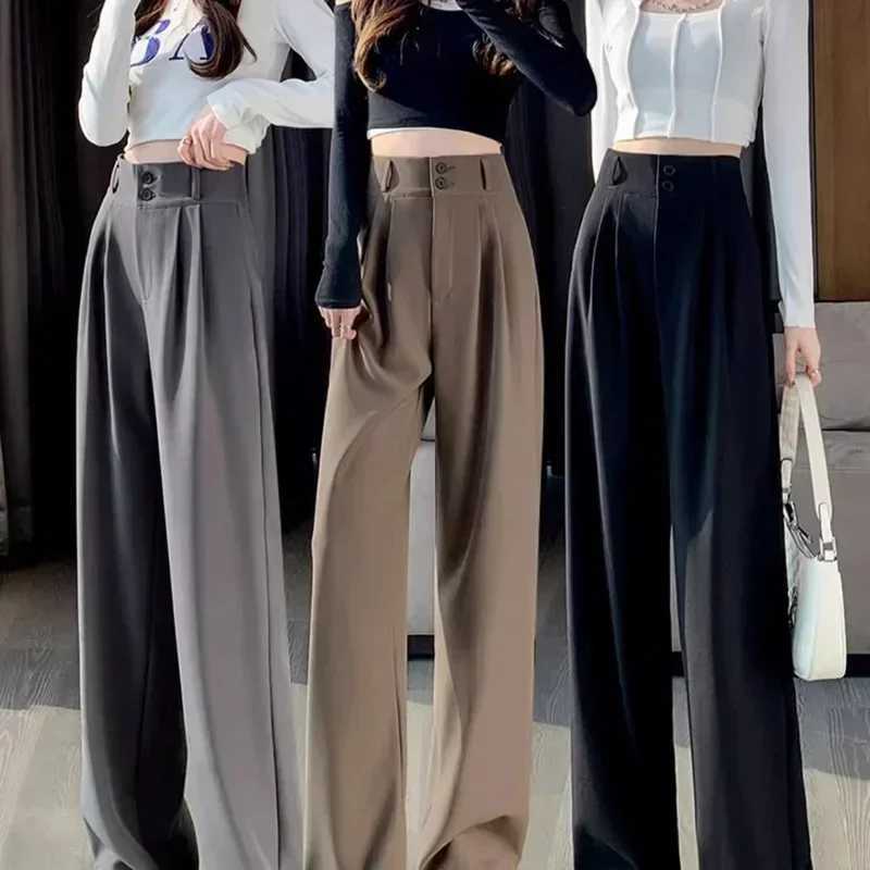 2024 Women Chic Designer Suit Pants Lady Wide Straight Leg Double Button Work Daily Trousers Lady Korean Style High Waist SlacksXJ250616