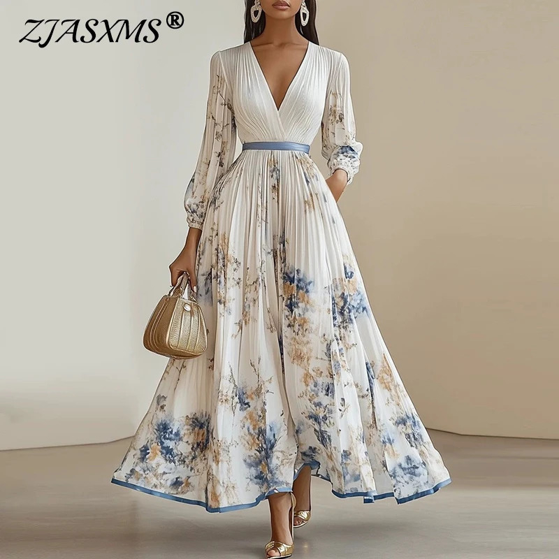 Spring Long Sleeve Boho Maxi Dress Woman Elegant Floral Print A-Line Pleated Dresses Sexy Deep V Neck High Waist Long Dress 250609